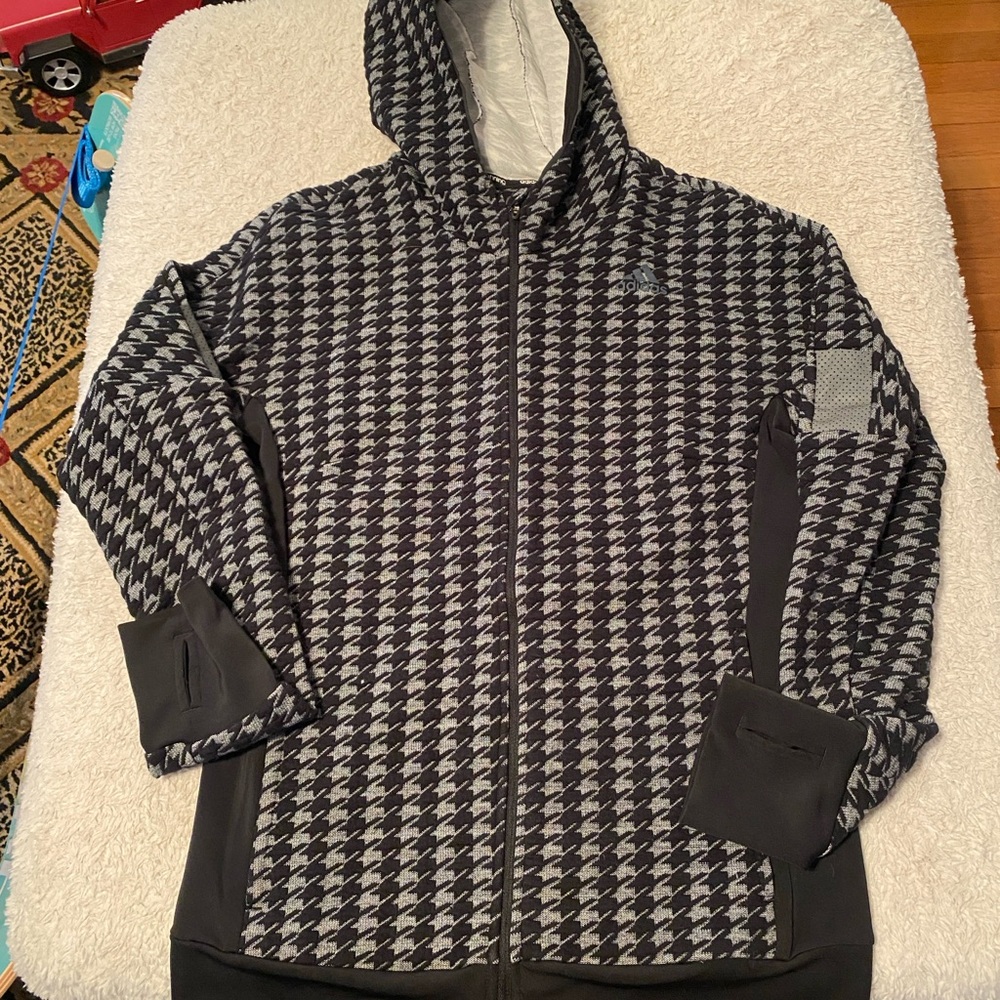 ADIDAS BLACK  & Grey RUNNING CLIMALITE  Houndstooth Hoody WITH back slit zipper